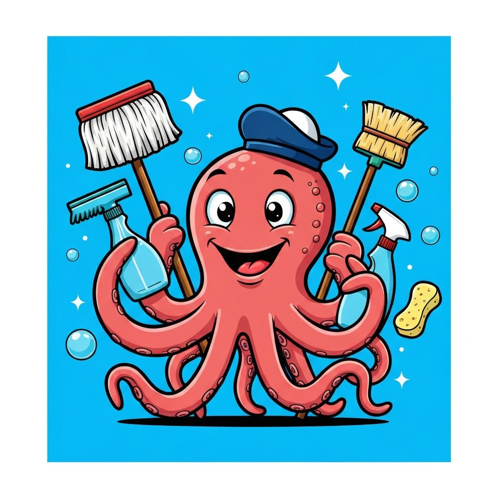 Cartoon octopus with cleaning tools
