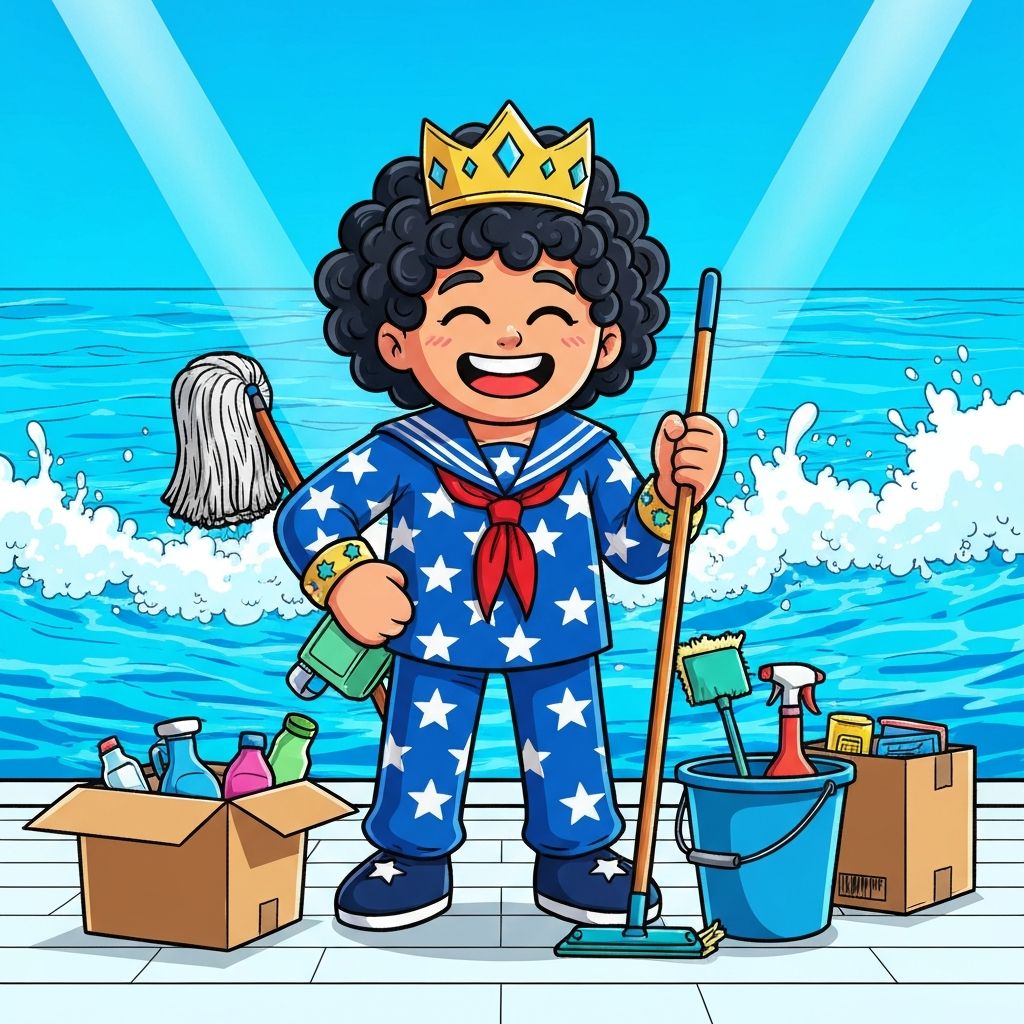 Cartoon sailor prince character with cleaning supplies